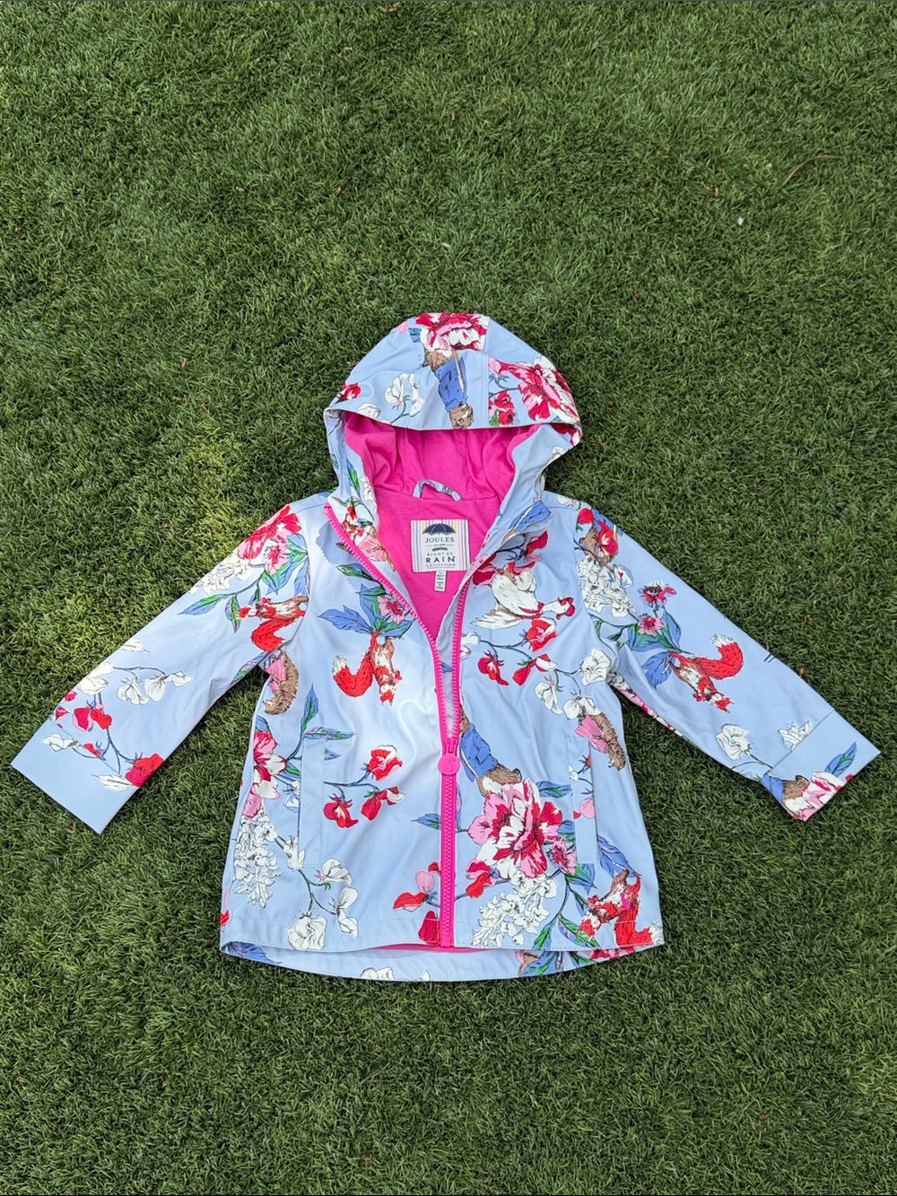 Joules Girls Floral/Animal Hooded Rain Jacket - Light Blue & Pink